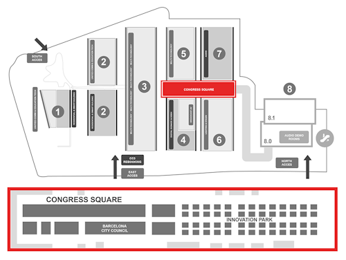 Estamos situados en el área Congress Square, entre los palacios 4 y 5